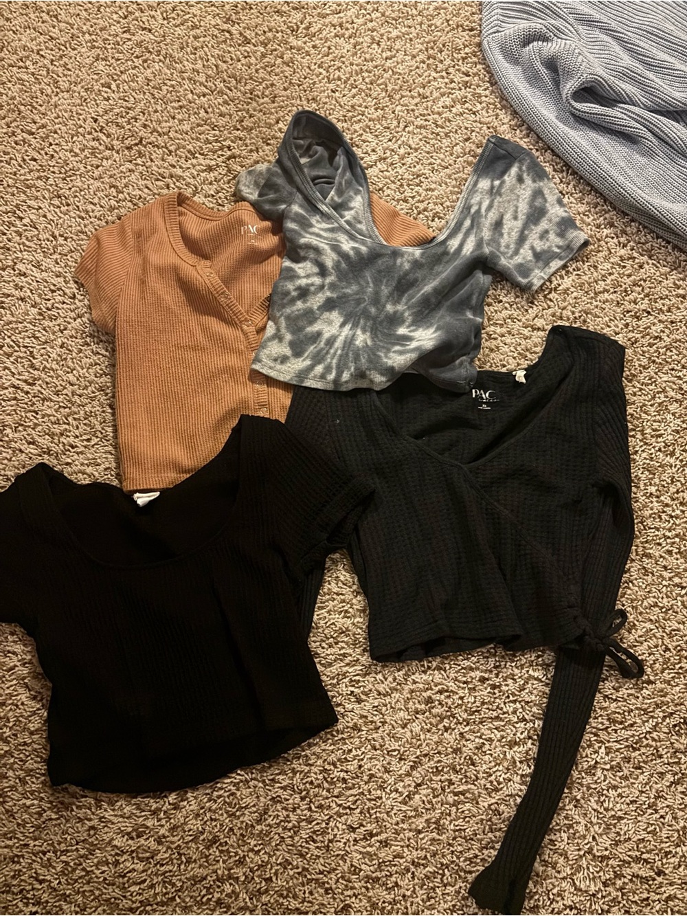 PacSun XS Mixed Crop Top Bundle — Black, Tan & Blue Tie-Dye